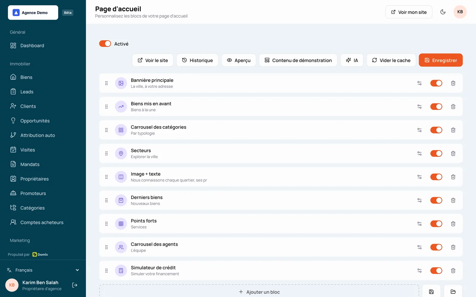 L’éditeur de page d’accueil : des blocs à activer, réordonner et modifier