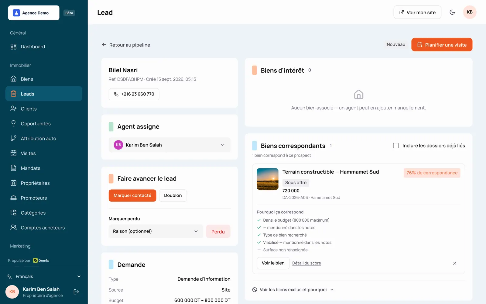 La fiche d’un lead : agent assigné, avancement, demande et biens correspondants