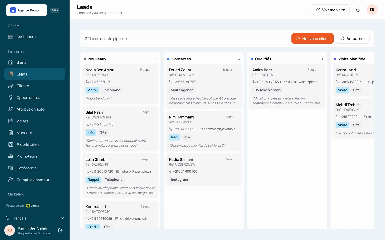 Le pipeline des leads dans Domix, colonne par étape