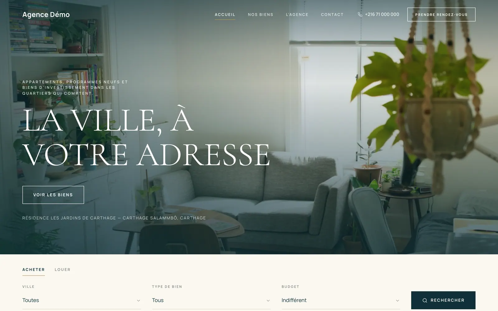 La page d’accueil d’un site d’agence avec le thème Aurelia