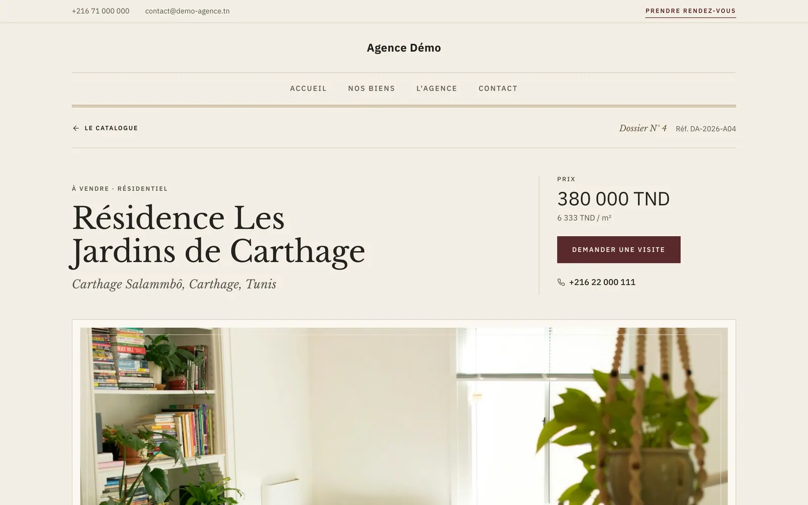 La page publique du même bien sur le site de l’agence (thème Palazzo)