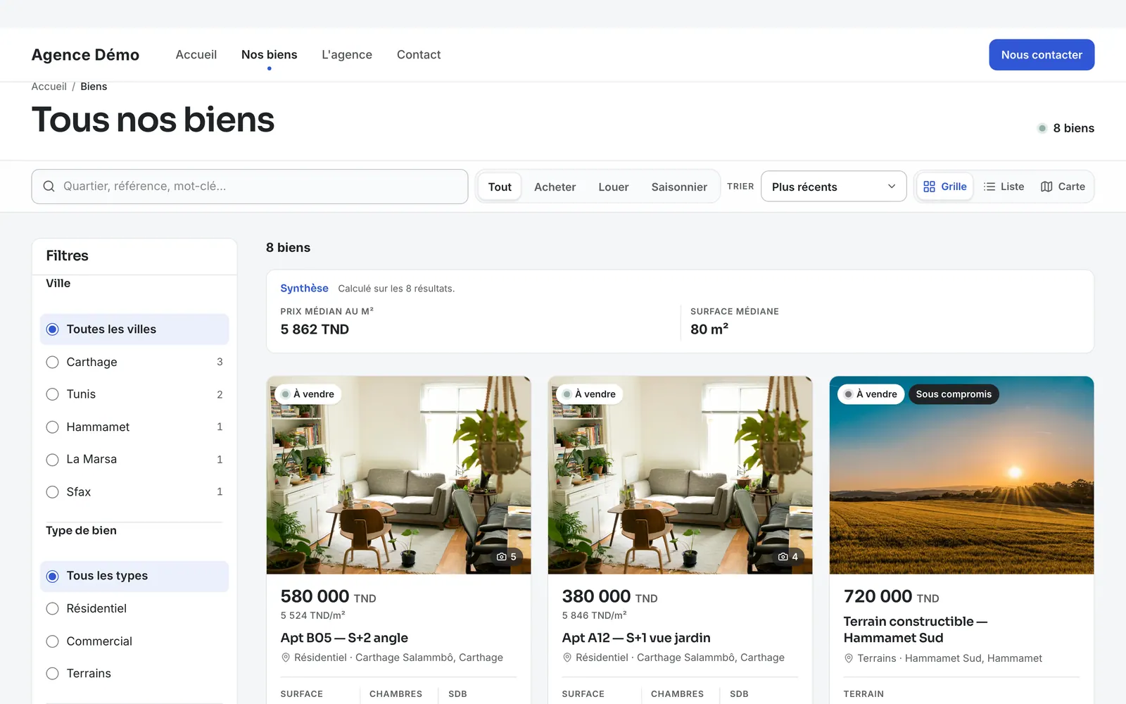 Le catalogue public d’une agence (thème Signal) : filtres, tri, liste des biens et carte